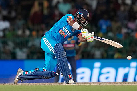 Washington Sundar plays a shot against Sri Lanka